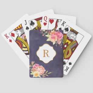 Gold Monogram & Florals on Vintage Purple Texture Playing Cards