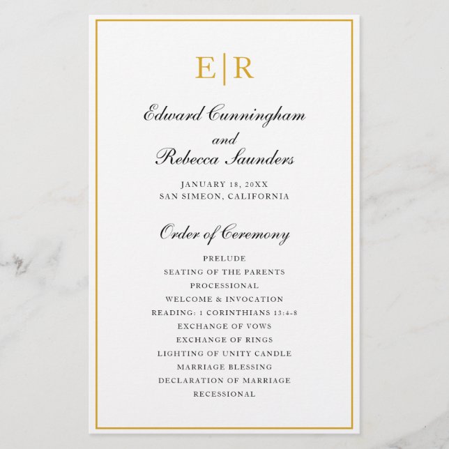 Gold Monogram Formal Budget Wedding Program (Front)