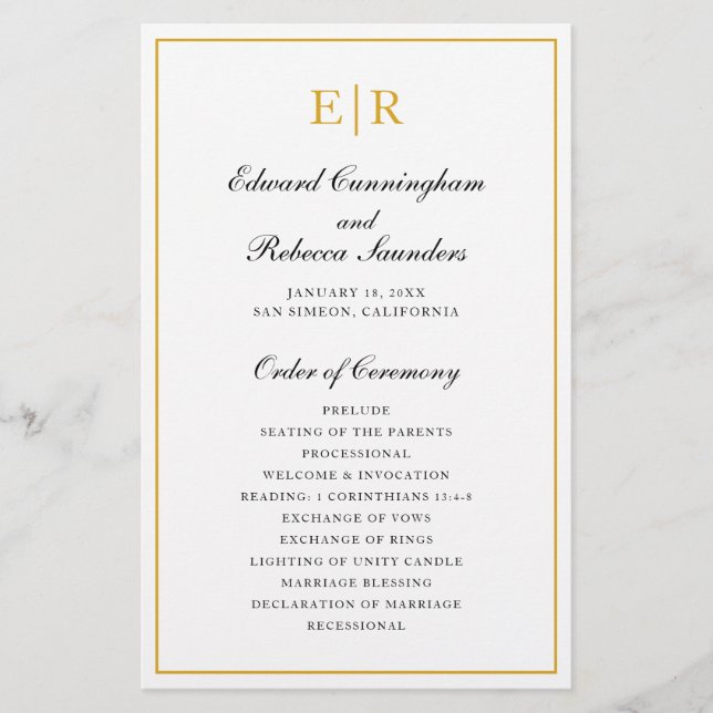 Gold Monogram Formal Budget Wedding Program (Front)