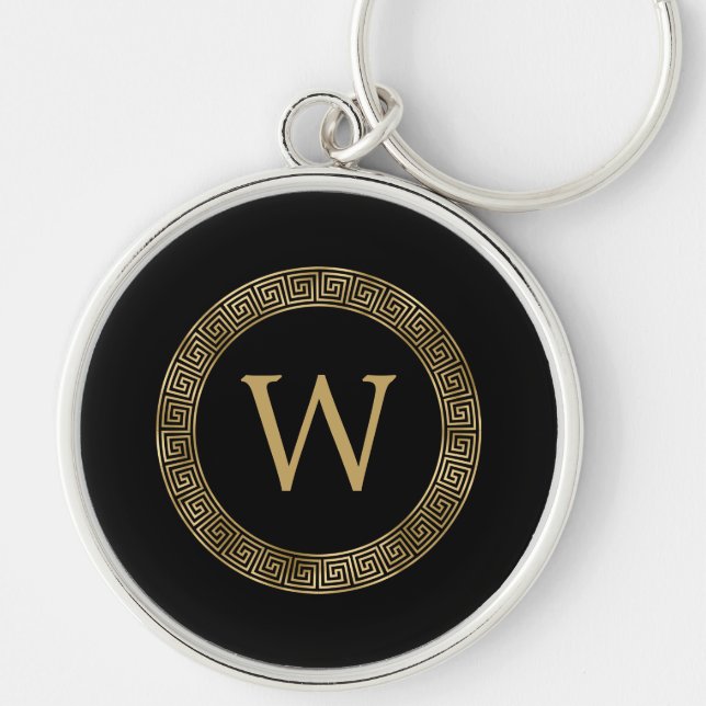 Gold Monogram Greek Key Frame Black Keychain (Front)