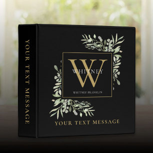 Gold Monogram Greenery Black Office School Binder
