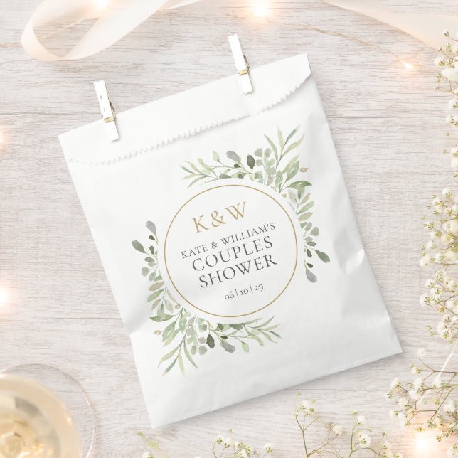 Gold Monogram Greenery Couples Wedding Shower Favour Bag (Clipped)