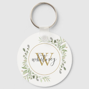 Gold Monogram Greenery Elegant Script Keychain