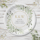 Gold Monogram Greenery Party Celebration Paper Plate<br><div class="desc">Featuring delicate watercolor leaves,  this chic botanical paper plate can be personalized with your monogram and special message. Perfect for weddings,  bridal showers,  baby showers,  baptism,  engagement parties,  anniversary celebrations and birthday get-togethers. Designed by Thisisnotme©</div>