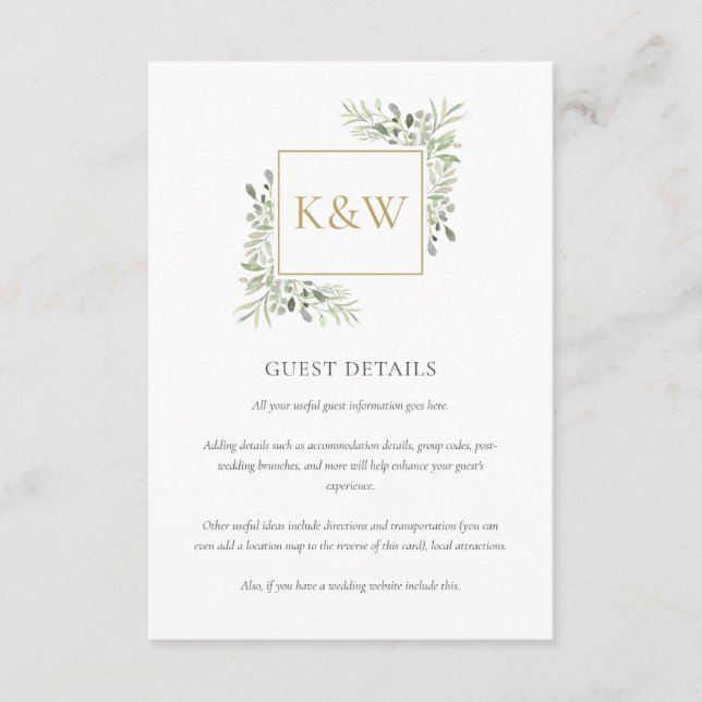 Gold Monogram Greenery Wedding Guest Details Enclosure Card (Front)