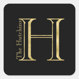 Gold Monogram H and Name on Any Colour Square Sticker