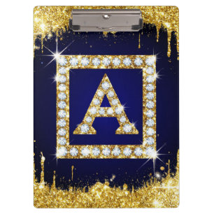 Gold Monogram Initial A With Blue Glitter Clipboard