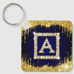 Gold Monogram Initial A With Blue Glitter Keychain