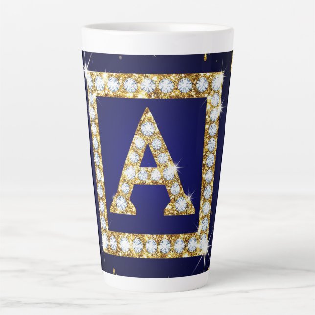 Gold Monogram Initial A With Blue Glitter Latte Mug (Front)