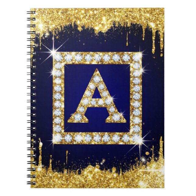 Gold Monogram Initial A With Blue Glitter Notebook (Front)