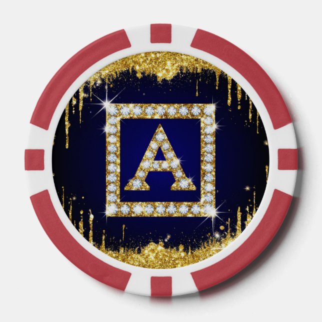 Gold Monogram Initial A With Blue Glitter Poker Chips (Front)