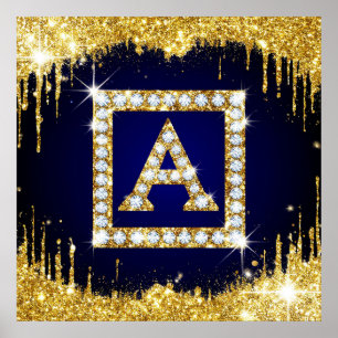 Gold Monogram Initial A With Blue Glitter Poster