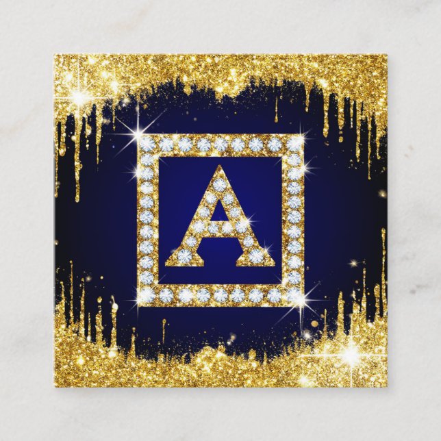 Gold Monogram Initial A With Blue Glitter Square Business Card (Front)