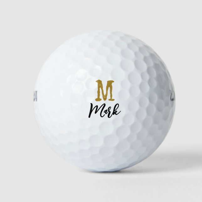 Gold  Monogram Initial and Name Black Gold Golf Ba Golf Balls (Front)
