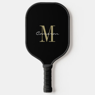 Gold Monogram Initial and Name Personalized Black Pickleball Paddle