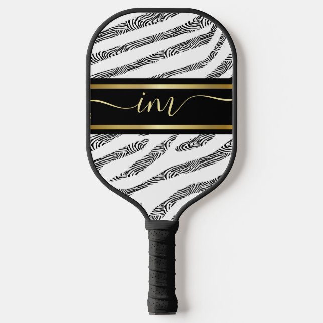 Gold Monogram Initial and Name Personalized Zebra Pickleball Paddle (Front)