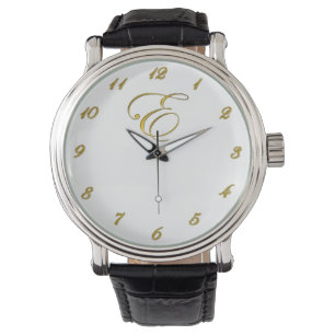 Gold Monogram Initial E with Gold Numbers Watch