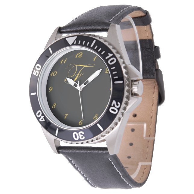 Gold Monogram Initial F Watch with Gold Numbers (Angled)