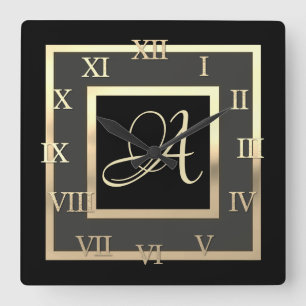 Gold Monogram Initial Framed Any Color Roman Num Square Wall Clock