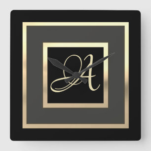 Gold Monogram Initial Framed Any Colour Square Wall Clock