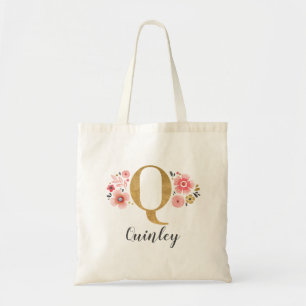 Gold Monogram Initial Letter "Q" Floral Tote Bag