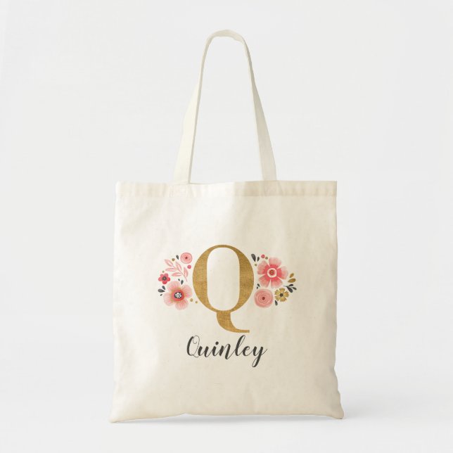 Gold Monogram Initial Letter "Q" Floral Tote Bag (Front)