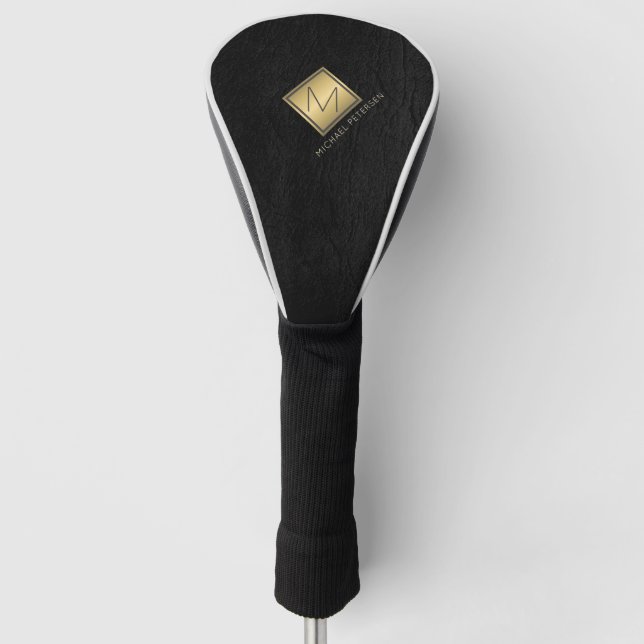 Gold monogram initial name personalized black golf head cover (Front)