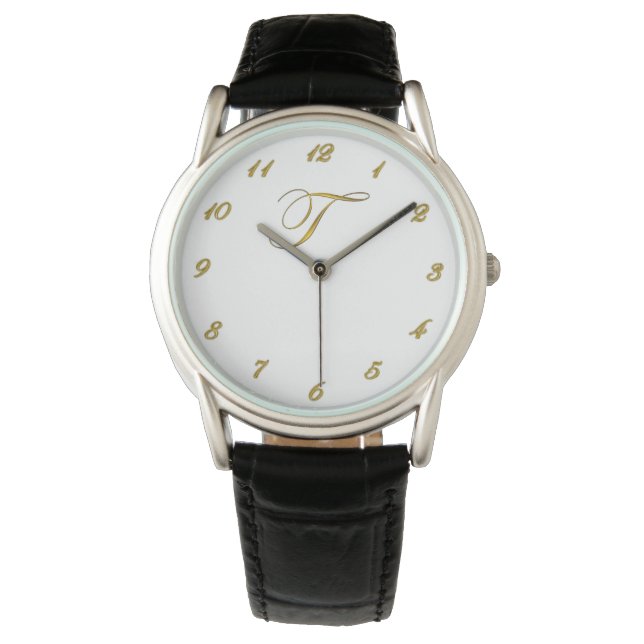 Gold Monogram Initial T Watch with Gold Numbers (Front)