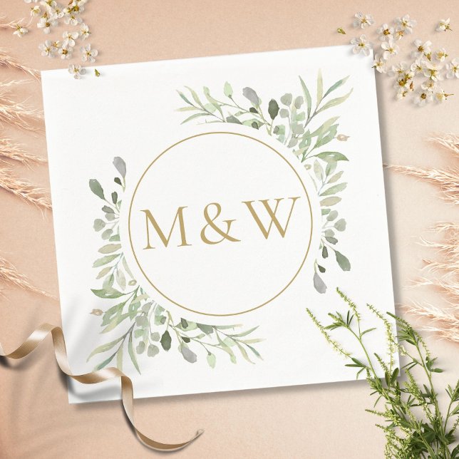 Gold Monogram Initials Greenery Watercolor Foliage Napkin (Creator Uploaded)