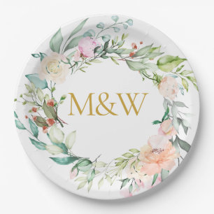 Gold Monogram Initials Roses Garland Floral Paper Plate