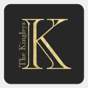 Gold Monogram K and Name on Any Colour Square Sticker