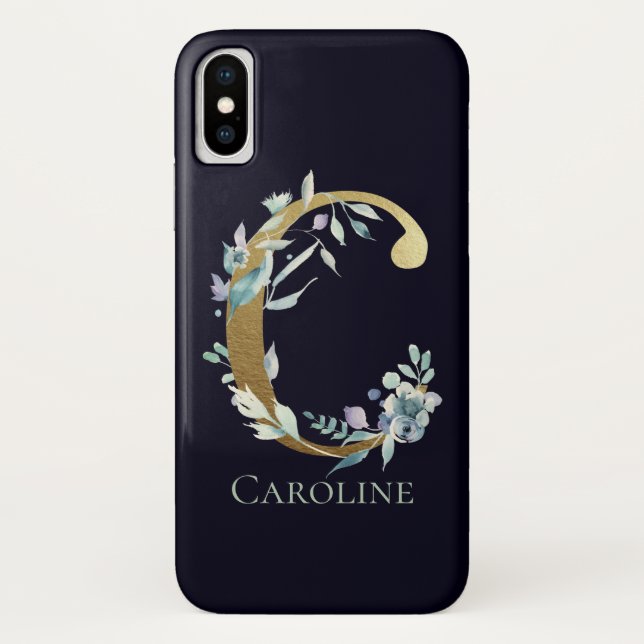Gold Monogram Letter C Navy Blue Floral Name Case-Mate iPhone Case (Back)