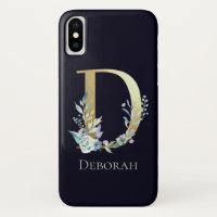 Gold Monogram Letter D Navy Blue Floral Name