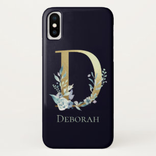 Gold Monogram Letter D Navy Blue Floral Name Case-Mate iPhone Case
