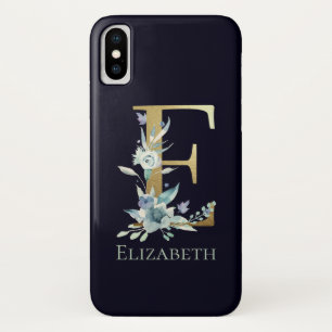 Gold Monogram Letter E Blue Rose Floral Name Case-Mate iPhone Case