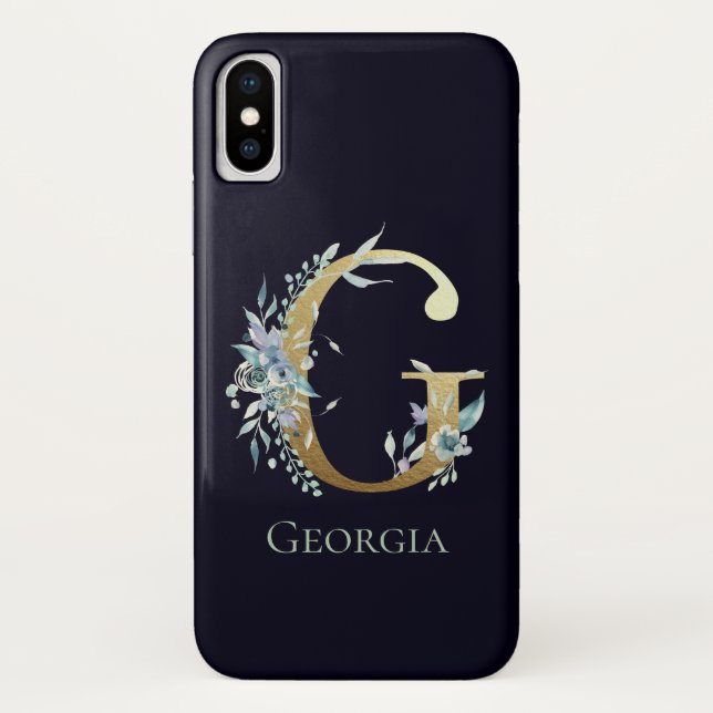 Gold Monogram Letter E Navy Blue Floral Name Case-Mate iPhone Case (Back)