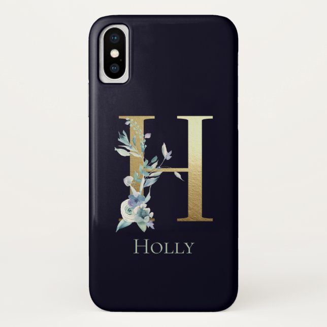 Gold Monogram Letter H Navy Blue Floral Name Case-Mate iPhone Case (Back)