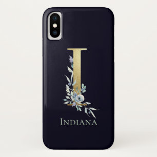 Gold Monogram Letter I Navy Blue Floral Name Case-Mate iPhone Case