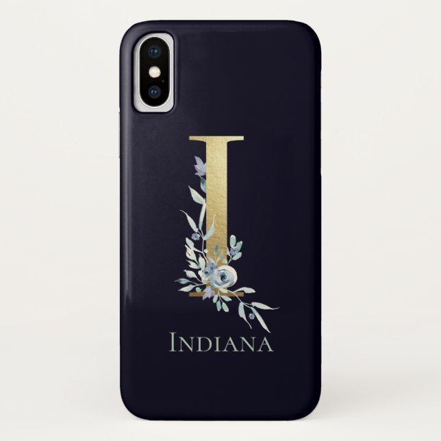 Gold Monogram Letter I Navy Blue Floral Name Case-Mate iPhone Case (Back)