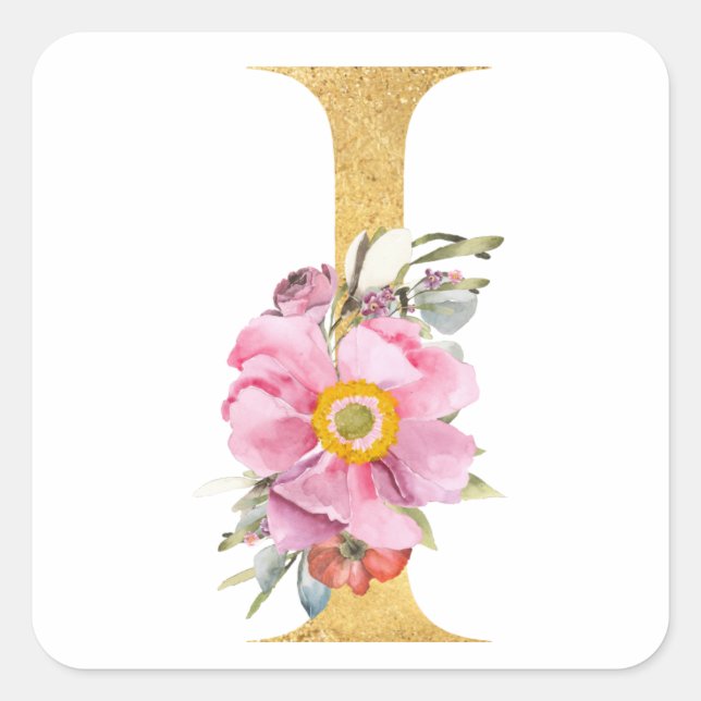 Gold MONOGRAM letter I with flowers Square Sticker (Front)