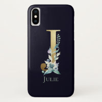 Gold Monogram Letter J Navy Blue Floral Name