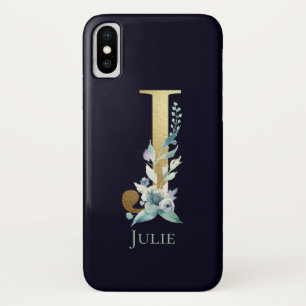 Gold Monogram Letter J Navy Blue Floral Name Case-Mate iPhone Case