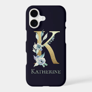Gold Monogram Letter K Navy Blue Floral Name