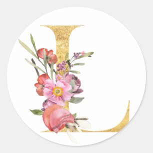 Gold MONOGRAM letter L with flowers Classic Round Sticker
