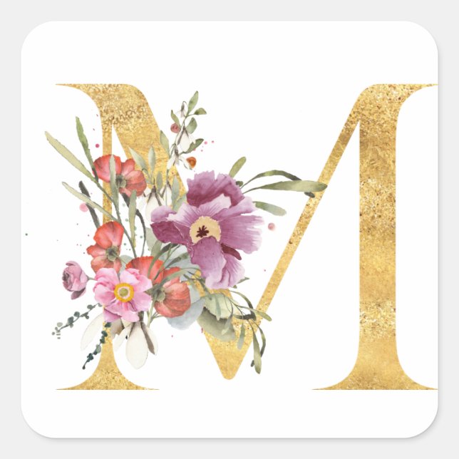 Gold MONOGRAM letter M with flower Square Sticker (Front)