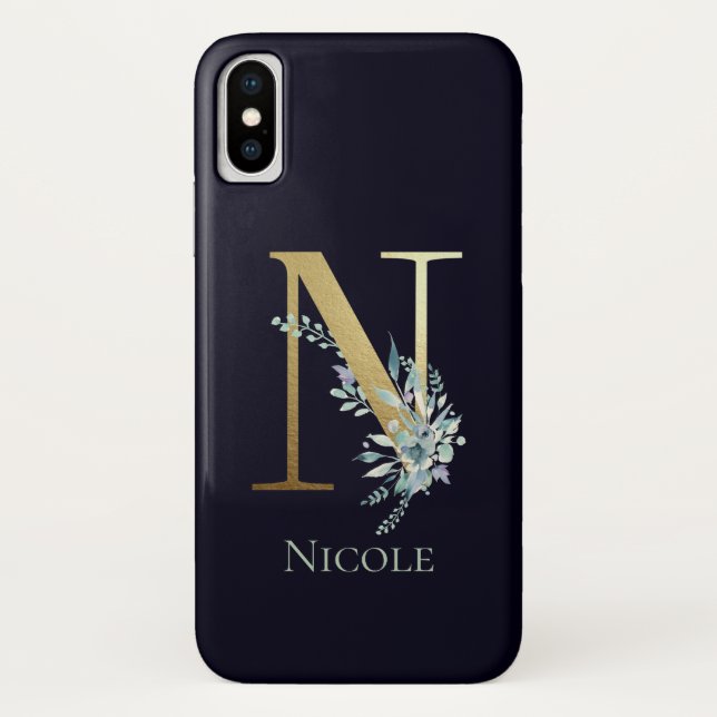Gold Monogram Letter N Navy Blue Floral Name Case-Mate iPhone Case (Back)