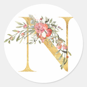 Gold MONOGRAM letter N with flower Classic Round Sticker