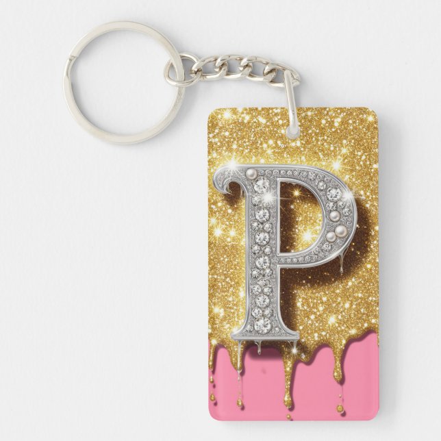 Gold Monogram Letter P Pink Diamond Initial Gift Keychain (Front)
