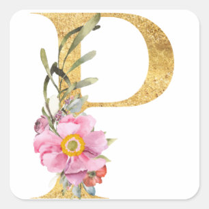Gold MONOGRAM letter P with flower Square Sticker