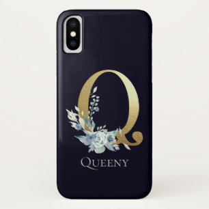 Gold Monogram Letter Q Navy Blue Floral Name Case-Mate iPhone Case